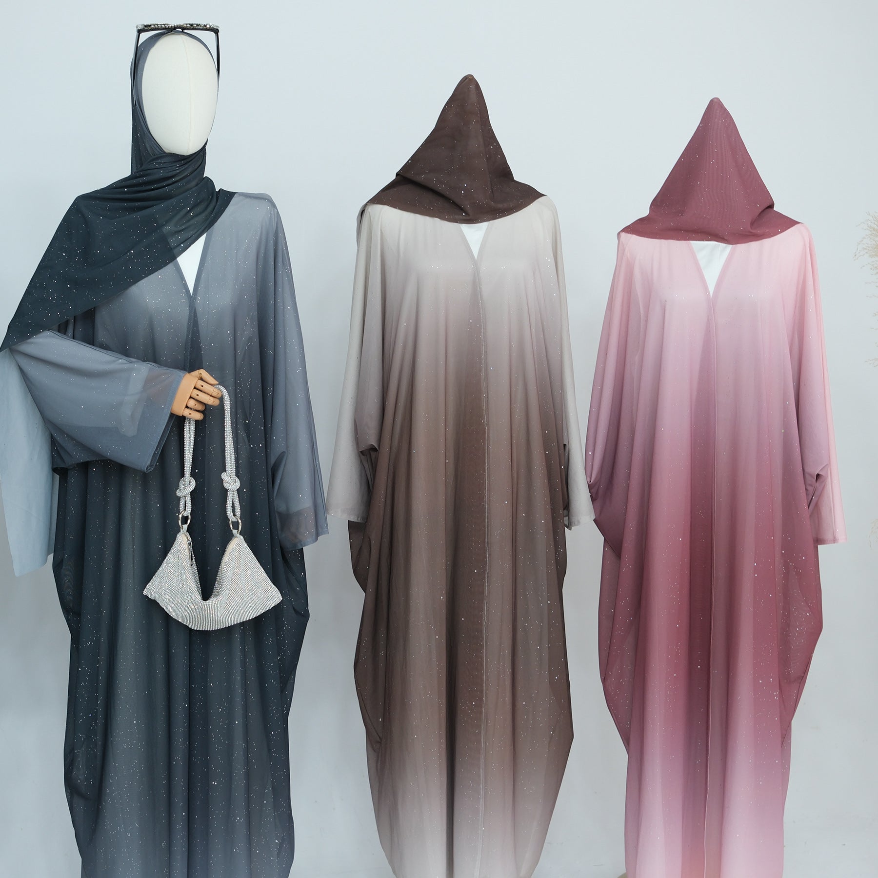 SA013 Glitter Gradient Polyester Abaya Set With Hijab