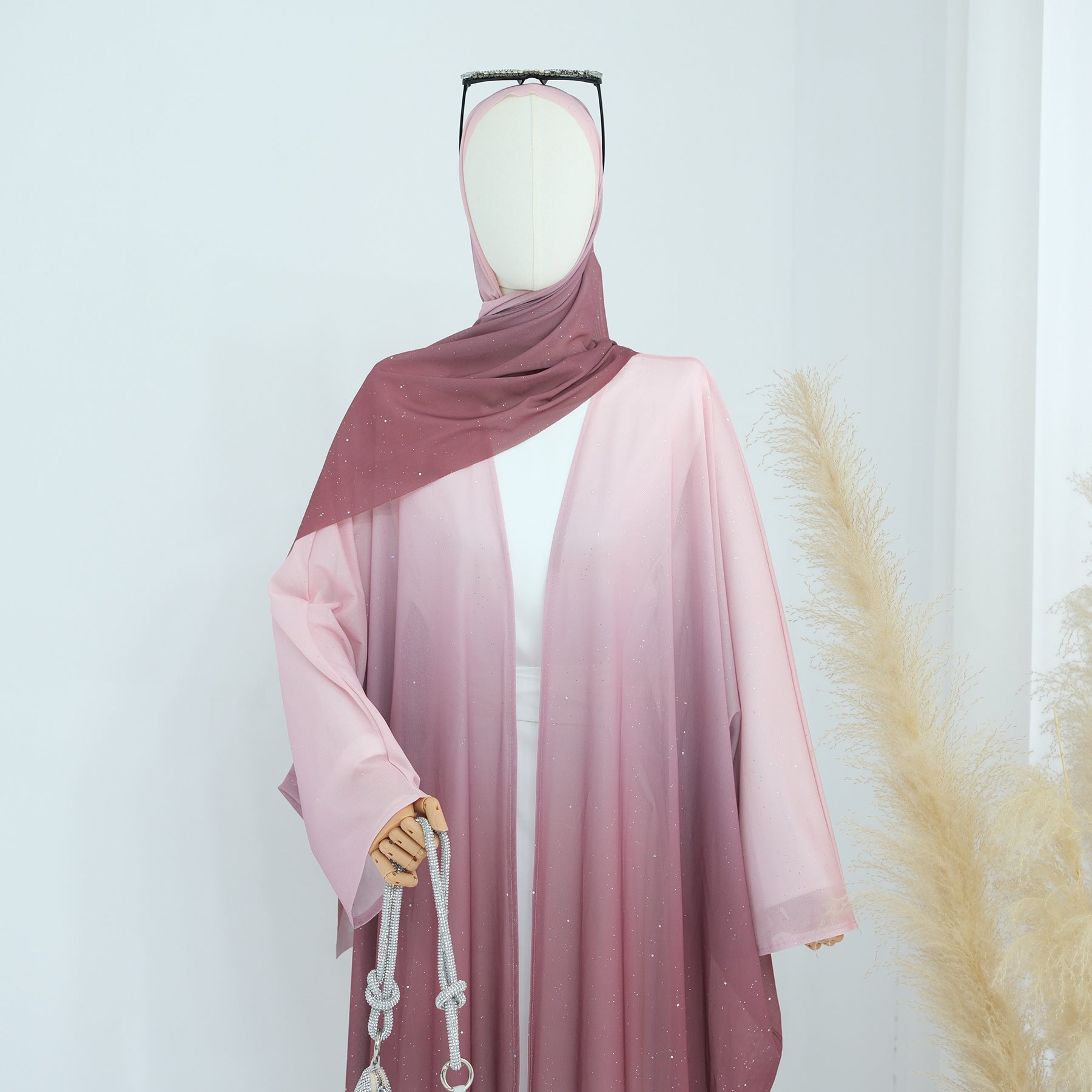 SA013 Glitter Gradient Polyester Abaya Set With Hijab