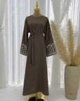 SA004 One-Piece Linen Floral Embroidery Abaya