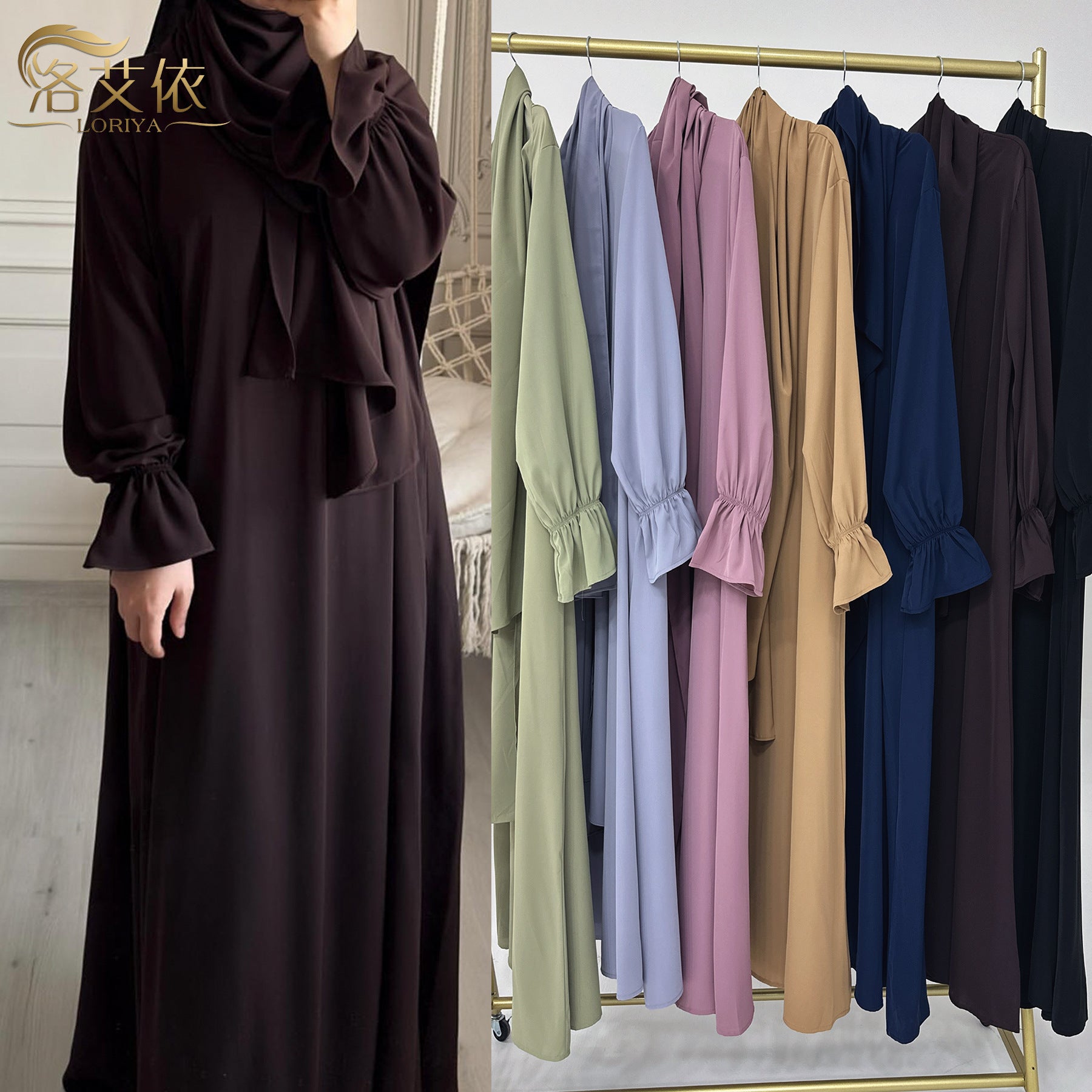 SK002  Creap Ruffled Solid Elastic Long Shawls Khimar With Abaya Set