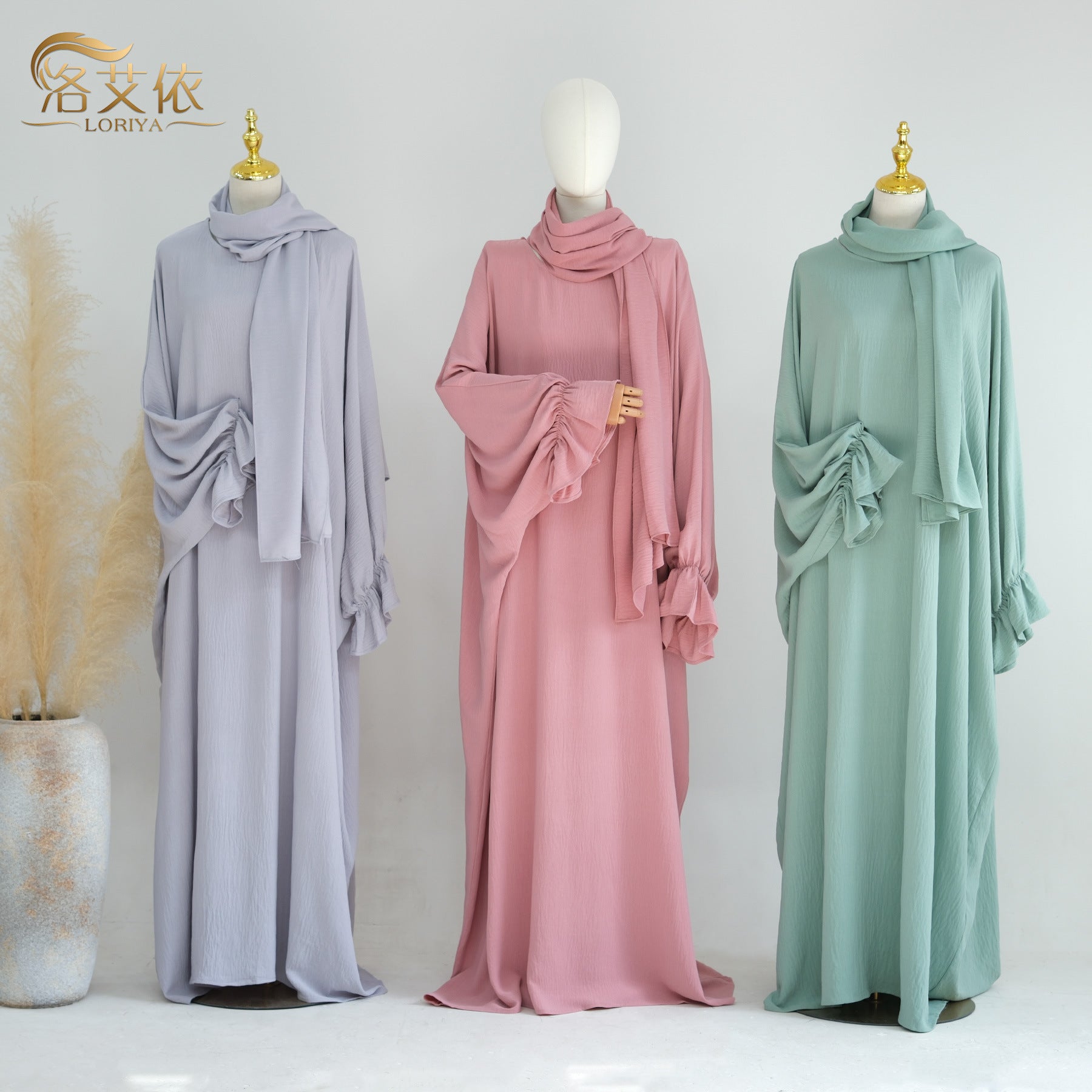 SK002  Creap Ruffled Solid Elastic Long Shawls Khimar With Abaya Set