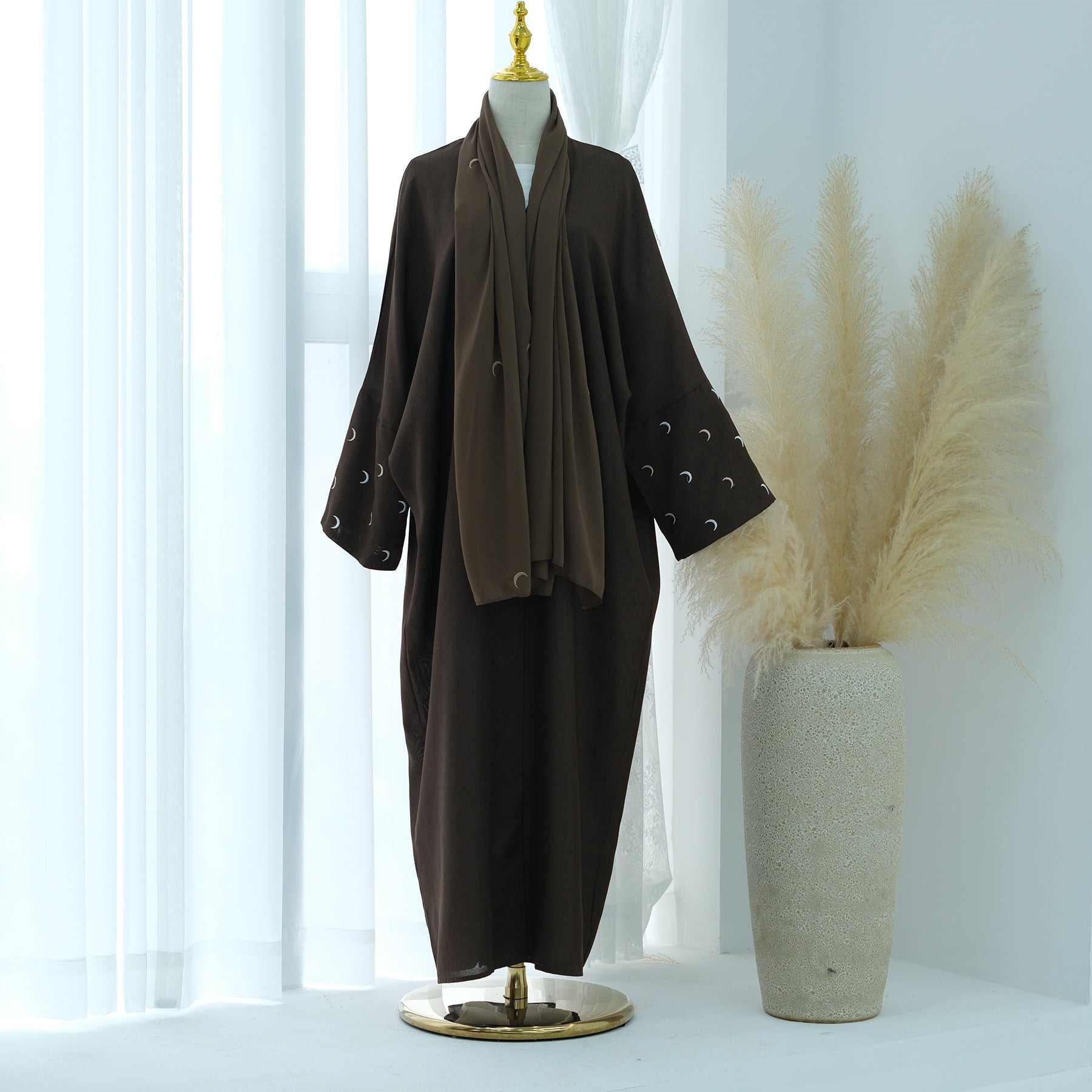 SOA006 Linen  Embroidery Moon Abaya With Hijab