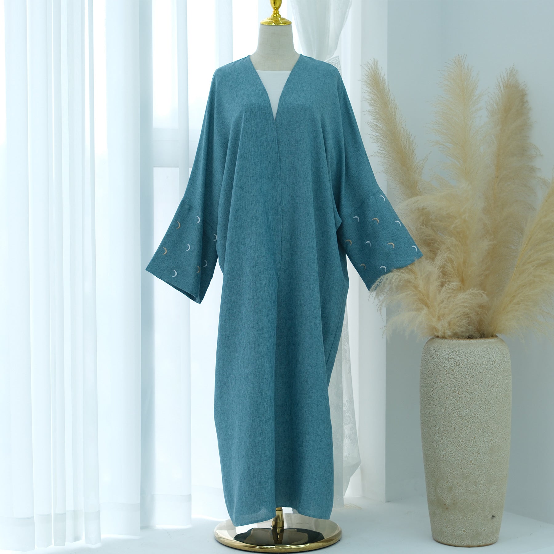 SOA006 Linen  Embroidery Moon Abaya With Hijab